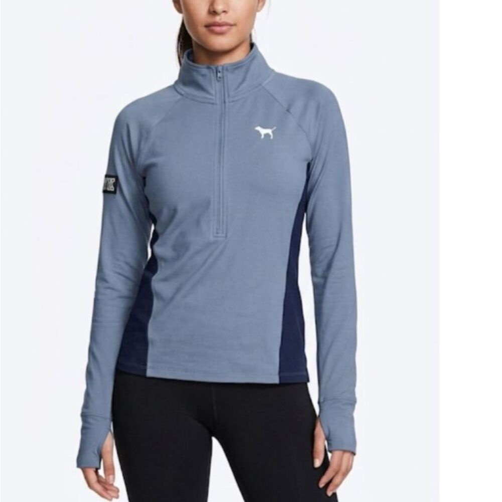 PINK Mid-Blue Navy Colorblock Performance 1/2 Zip LS Athletic Top Sz XS